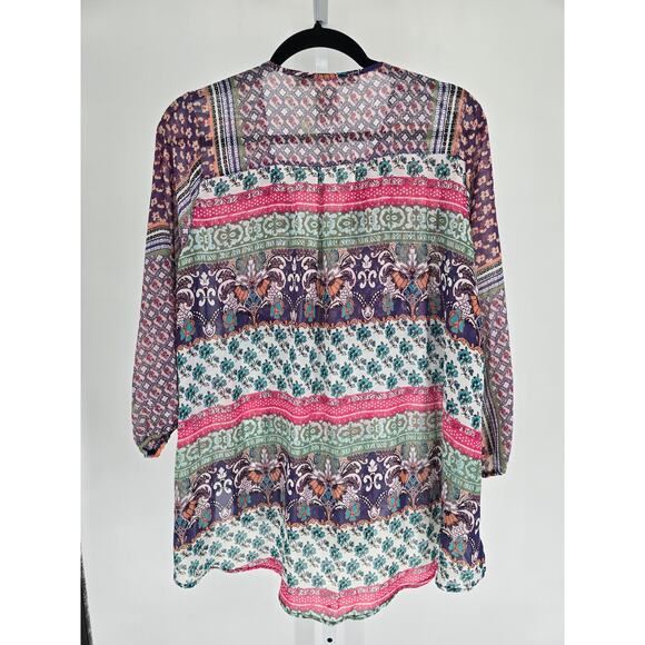 American Rag Womens Sz M 3/4 Sleeve Tunic Blouse Patchwork Print Boho Semi Sheer - Picture 4 of 6